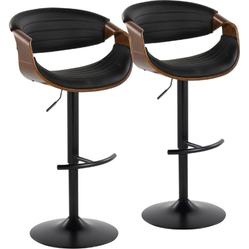 Symphony Adjustable Swivel Bar Stool in Black Metal, Walnut Wood & Black Leatherette (Set of 2)